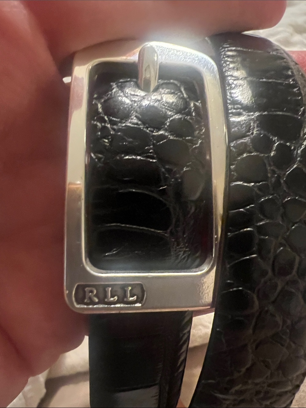 Lauren Ralph Lauren Black Croc-Embossed Leather Belt with Silver Buckle